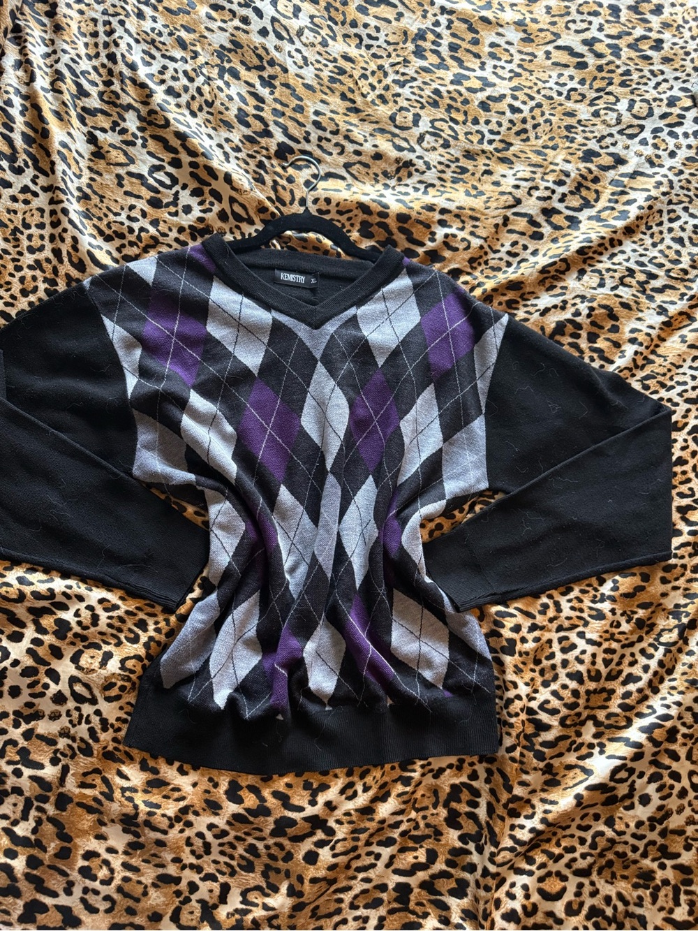Vintage Kemistry Purple Black Argyle
V-Neck Sweater XL Y2K Streetwear Skater